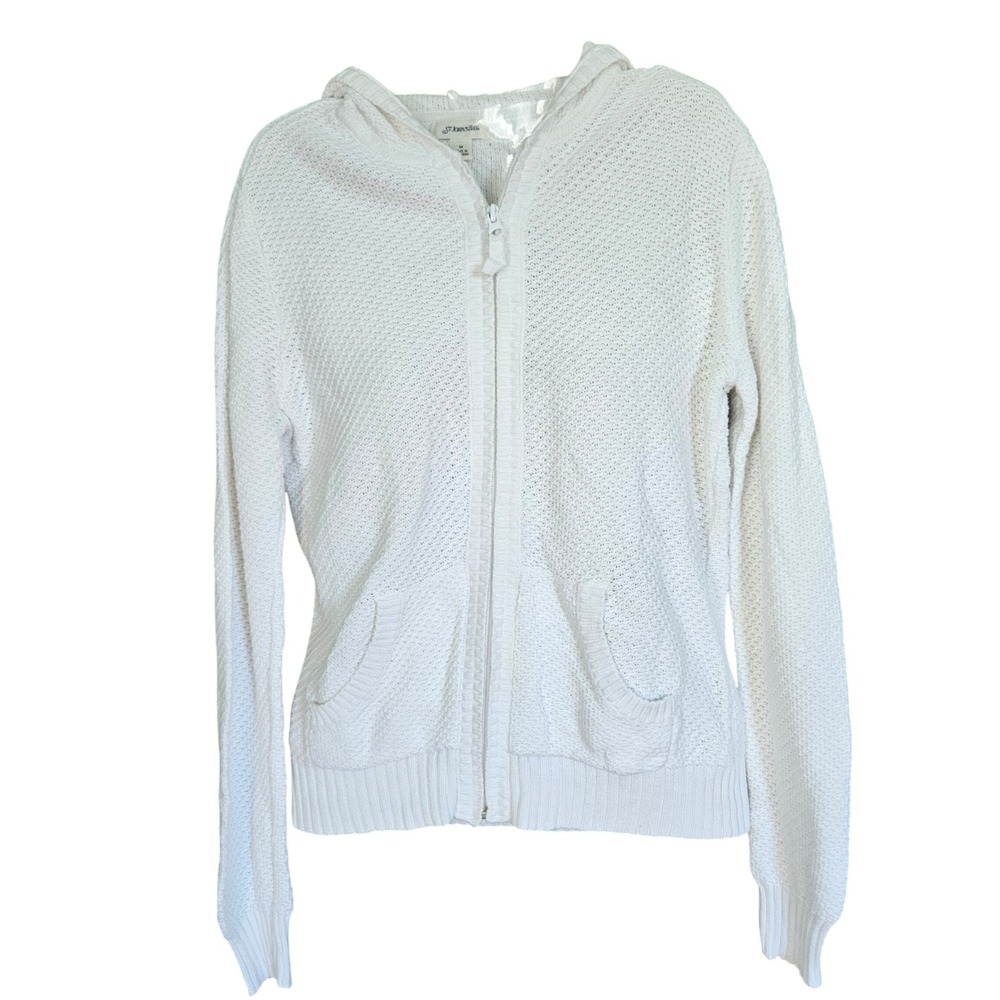 St. Johns Bay Womens White 100% Cotton Textured Knit Zip Up Hoodie Sweater Med
